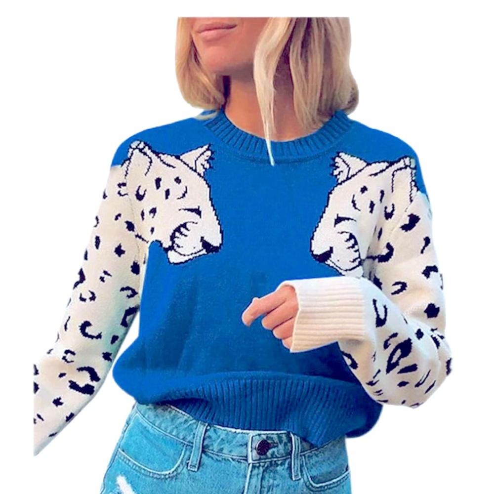 Blue and Cream Leopard Sweater Size